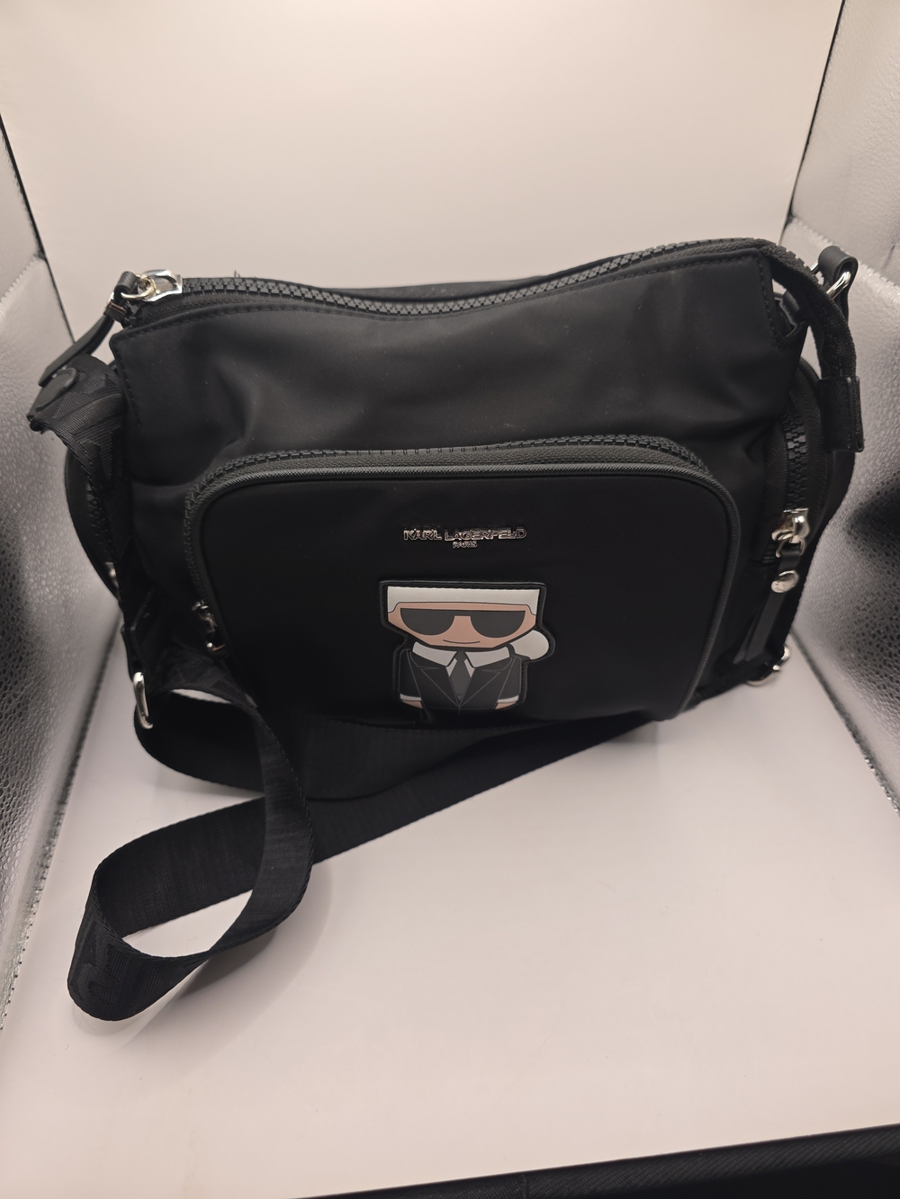 Karl Lagerfeld Black Nylon Crossbody Bag with Character Patch - Picture 2 of 15